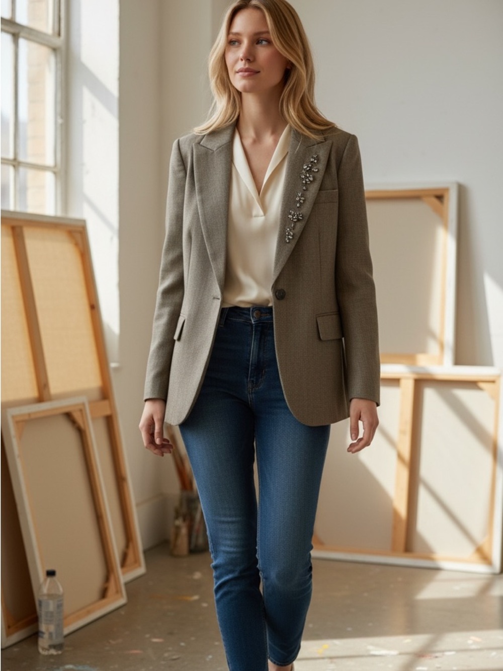 MARELLA Taupe Embellished Lapel Tailored Blazer $725